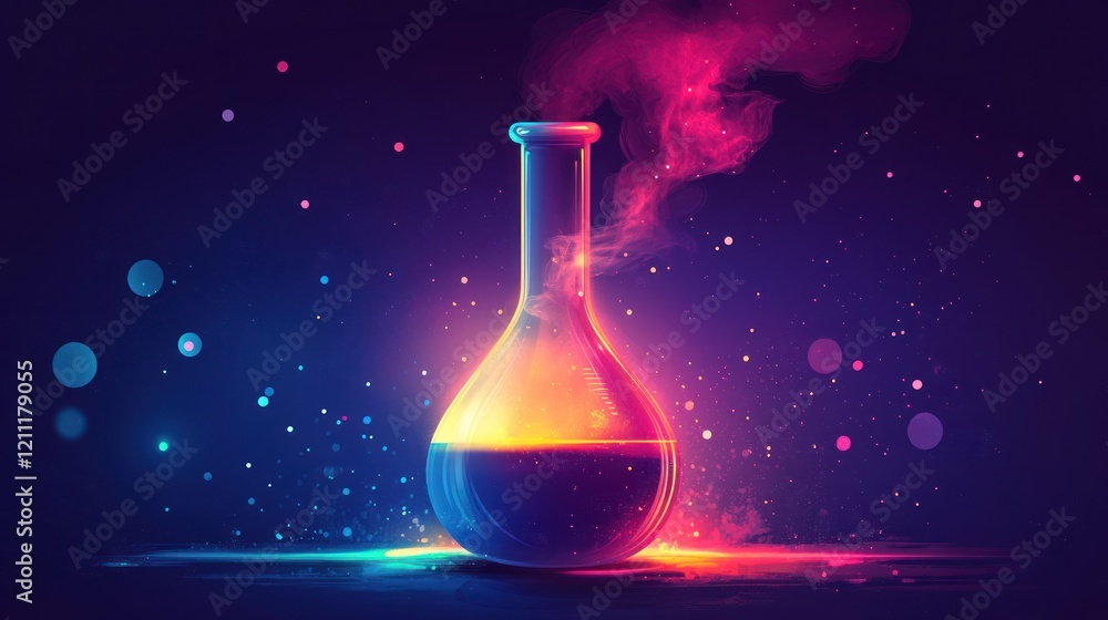 Poster glowing flask with colorful smoke, science experiment.