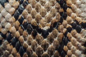 snake skin with intricate diamond-shaped patterns in a mix of beige, black, and brown tones.