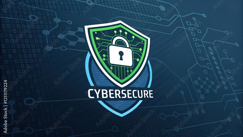 Poster a digital shield logo representing cybersecurity, featuring a lock and circuit patterns, symbolizing