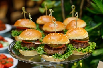 mini burgers on a glass plate, arranged in an elegant and visually appealing way.