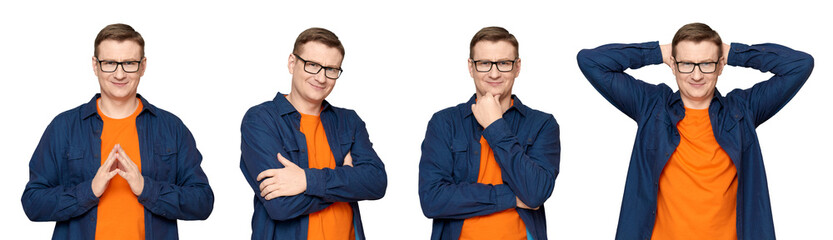 Set of several portraits of man over transparent background