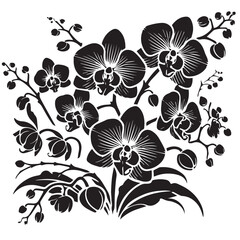Black Color Orchids Silhouette Vector Illustration, Solid White Background. minimal vector design