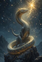 Obraz premium Majestic Celestial Dragon Glowing Gold Scales Night Sky Mountain