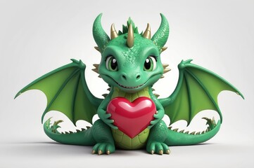 Obraz premium Adorable green baby dragon holding a red heart.