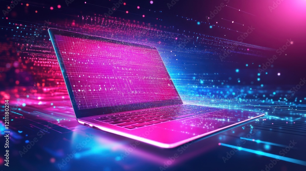 Poster digital flow: a futuristic laptop in a cyberspace of data streams