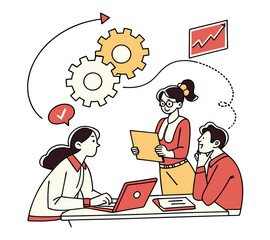 One line art group business team meeting and working collaboration in office workplace concept. flat vector illustration set cartoon character design concept,