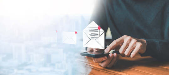 send an information message email from the tablet. smart SMS mail on a digital, icon opens a new email. business communication contact newsletter concept. write text on the web, marketing social media