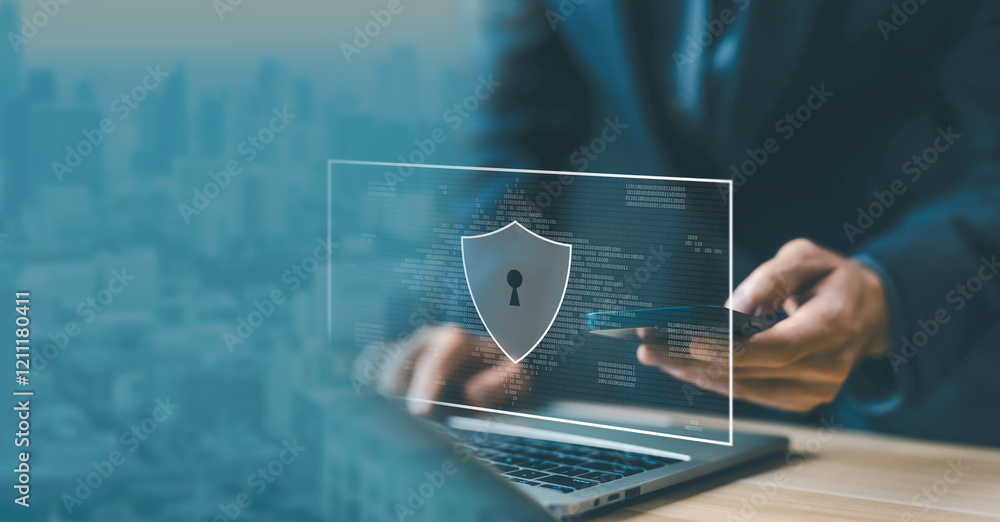 Poster cybersecurity passwords. safe digital information system that protects private data. safety technolo