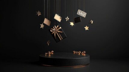 Elegant Black Podium with Illuminated Spotlight and Stylish Decor