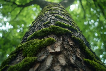 Moss Covered Tree Trunk In Lush Green Forest