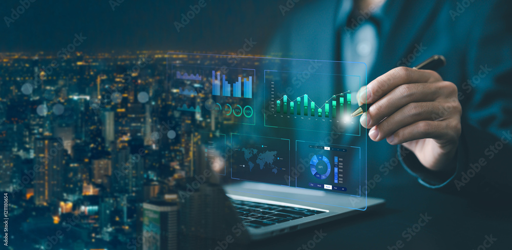 Fototapete analyst manages the system database reports, analytics business. analyzes data plans and shows a dashboard chart on the computer. concept of research on platform digital technology, analytics business