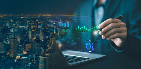 analyst manages the system database reports, analytics business. analyzes data plans and shows a dashboard chart on the computer. concept of research on platform digital technology, analytics business