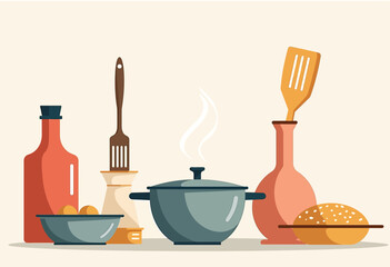 Modern Kitchen Art: Seamless Pastel Pattern of Minimalist Utensils and Cookware, Muted Colors and Sophisticated Design, Baking and Cooking Elements on White, Home Decor Illustration.
