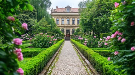 Obraz premium A small garden path leading to a house, framed by flowering bushes and greenery.