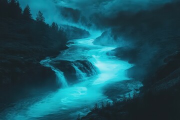 Fototapeta premium Serene Teal Waterfall Flowing Through Misty Forest