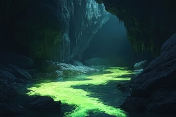 Glowing Green Stream in Dark Underground Cave