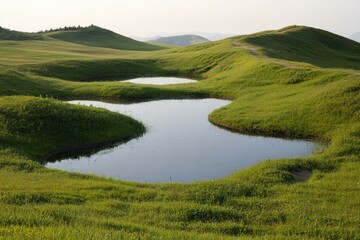 Lush green hills with a serene pond in a tranquil landscape.