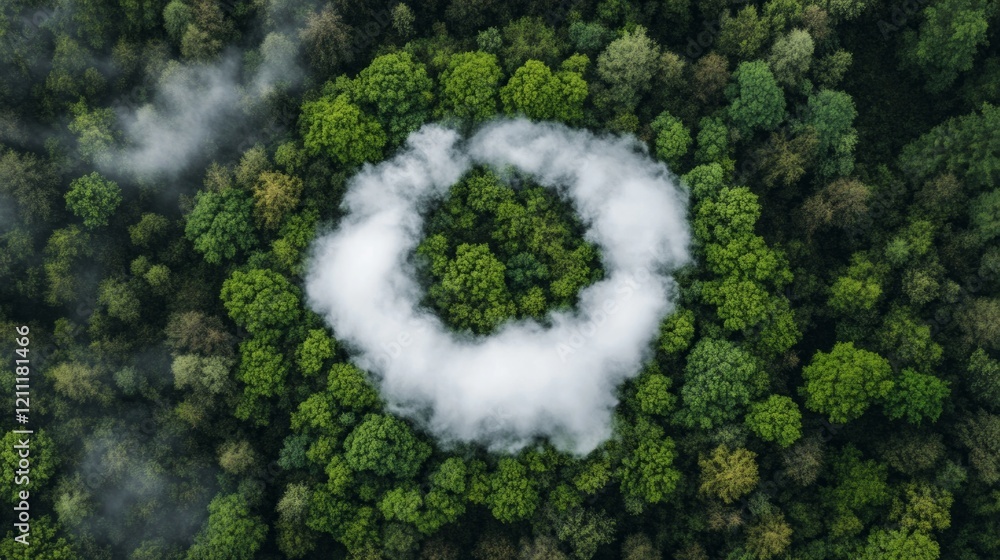 Poster aerial view of trees forming a circular pattern with mist surrounding them.
