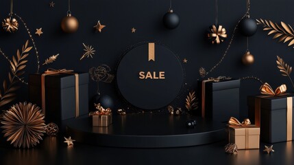 Sleek Black Podium Surrounded by Shimmering Holiday Sale Decor