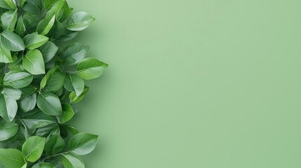 Fototapeta premium Lush green leaves border on pastel background; nature concept