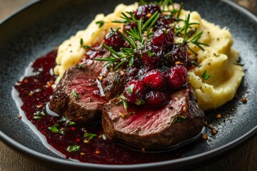 Delicious Venison Steak with Cranberry Sauce and Mashed Potatoes