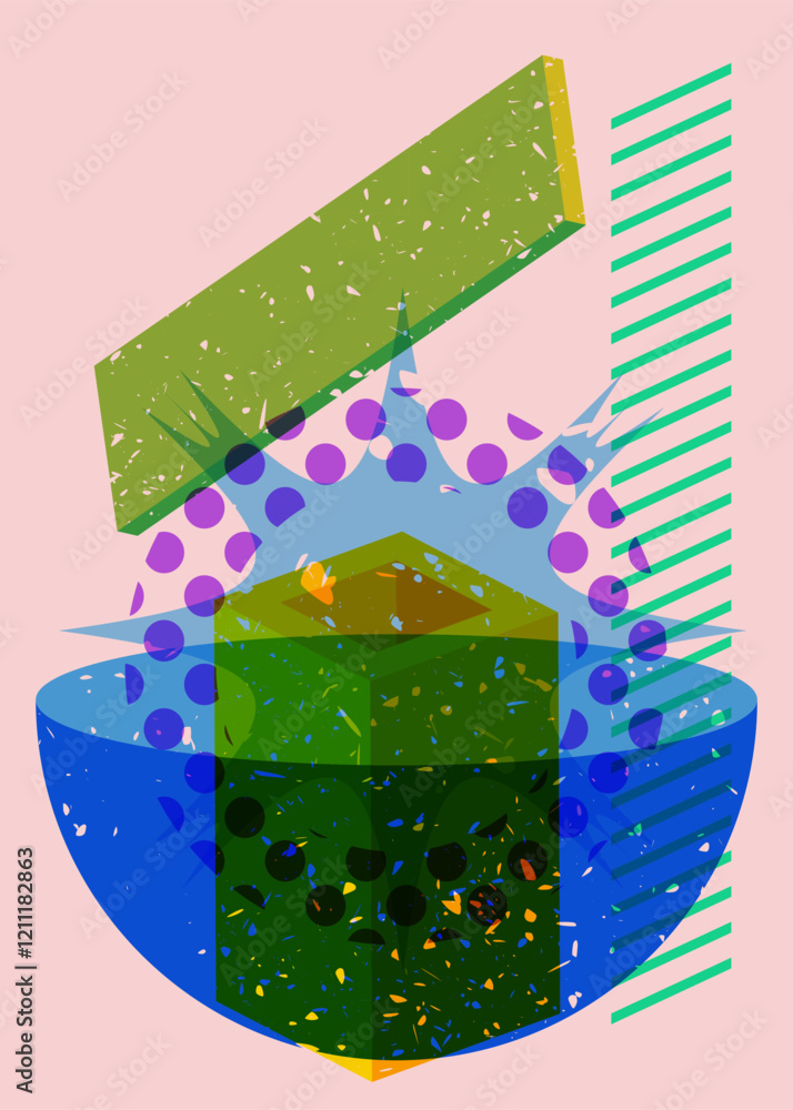 Poster colorful geometric shapes. object in trendy riso graph design. geometry elements abstract risograph 