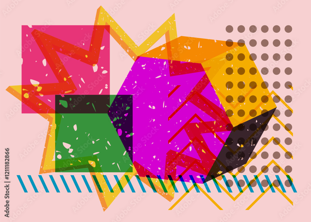 Poster colorful geometric shapes. object in trendy riso graph design. geometry elements abstract risograph 