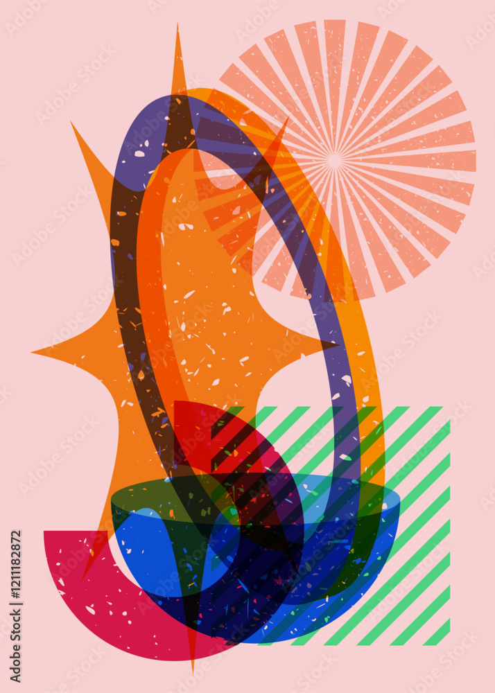 Poster colorful geometric shapes. object in trendy riso graph design. geometry elements abstract risograph 