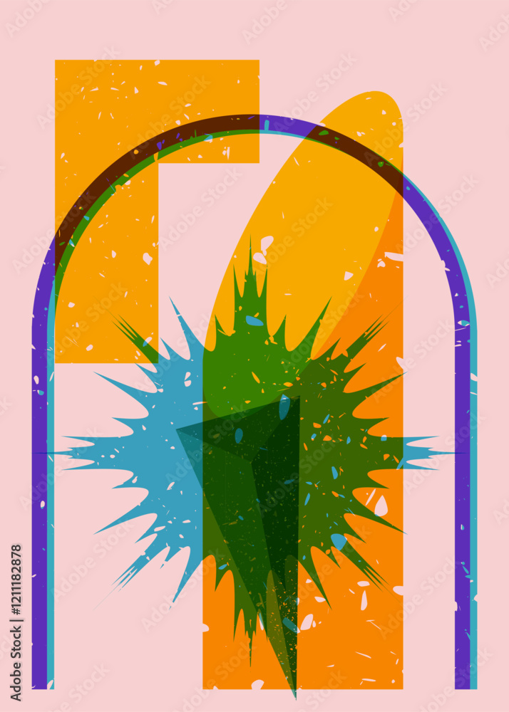 Poster colorful geometric shapes. object in trendy riso graph design. geometry elements abstract risograph 