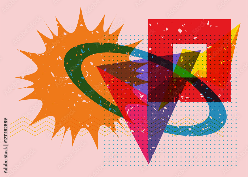 Poster colorful geometric shapes. object in trendy riso graph design. geometry elements abstract risograph 