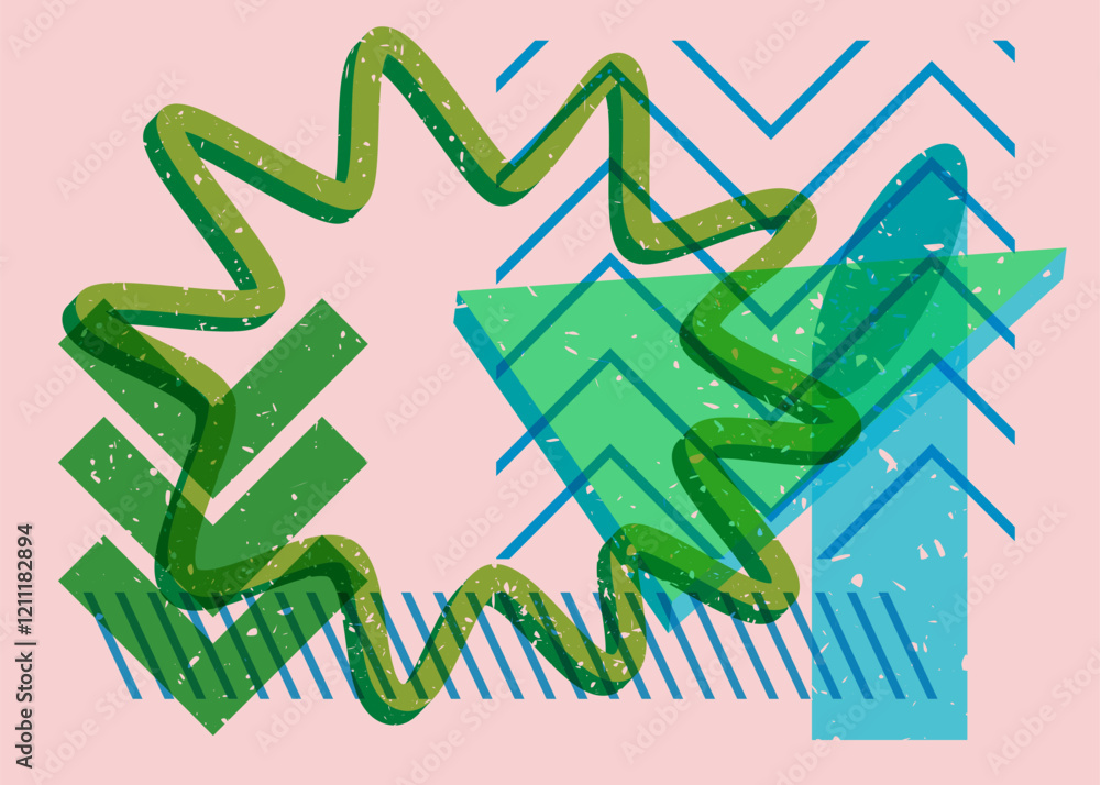 Poster colorful geometric shapes. object in trendy riso graph design. geometry elements abstract risograph 