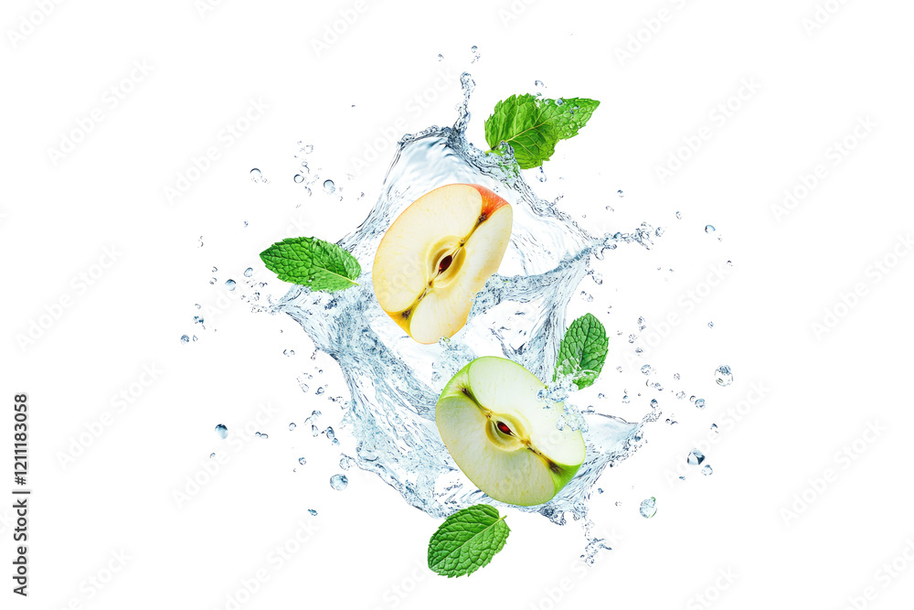 Wall mural Fresh apple slices with mint leaves in water splash isolated on white or transparent PNG