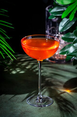 Naked and Famous, alcoholic cocktail drink with mezcal, orange bitters, yellow liqueur and lime juice. Dark green background with tropical leaves