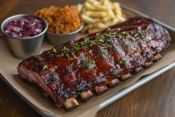 Delicious BBQ Ribs with Fries Coleslaw Rice Food Photo