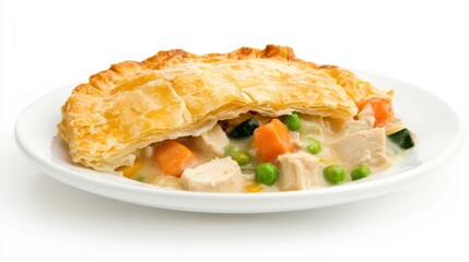 A plate of creamy chicken pot pie with tender chicken, mixed vegetables, and a flaky puff pastry crust