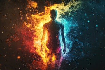 A Human Form Enveloped In Fire And Ice