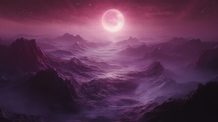 Obraz premium Surreal landscape with a glowing pink moon over misty mountains and waves under a starry sky