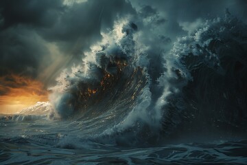 Fantasy landscape with stormy sea and rocks