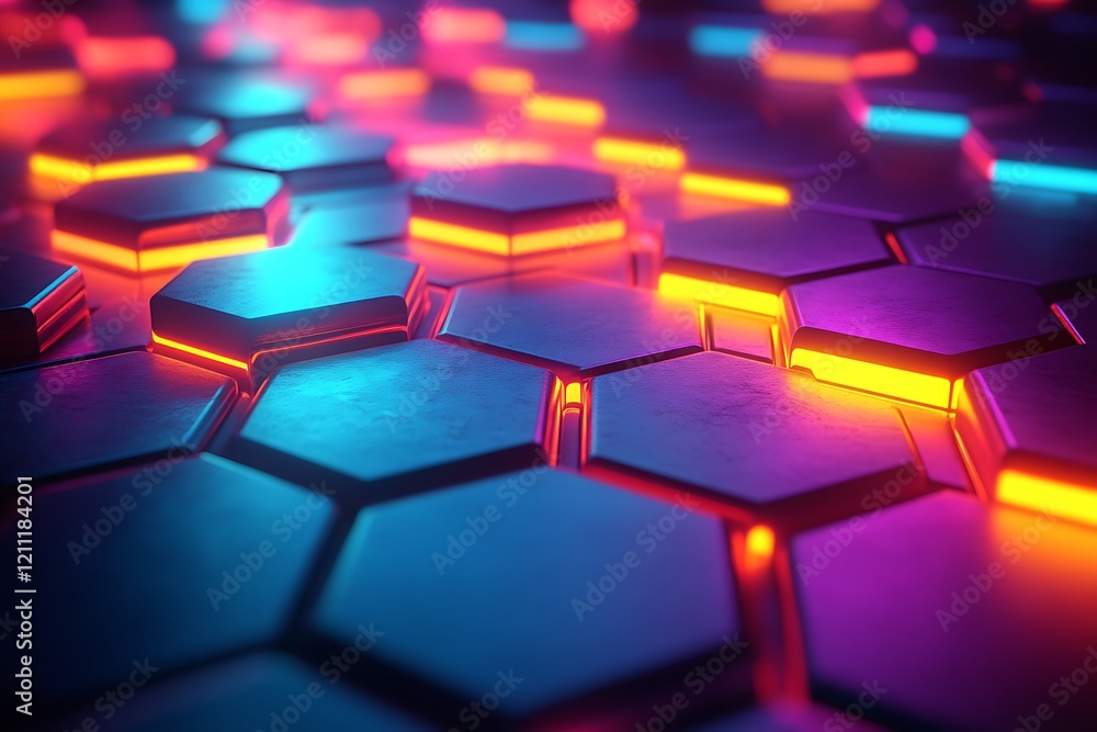 Poster abstract hexagon pattern with neon lights