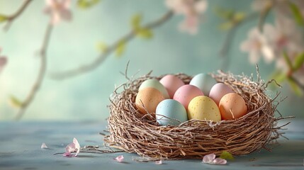 Obraz premium Dessert styled as a bird s nest with spun sugar and pasteltoned eggs, emphasizing nature s delicacy