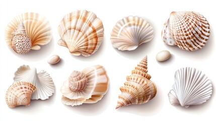 Collection of various seashells isolated on white.