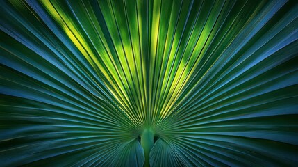 Obraz premium A tropical palm frond with light rays peeking through the leaves.