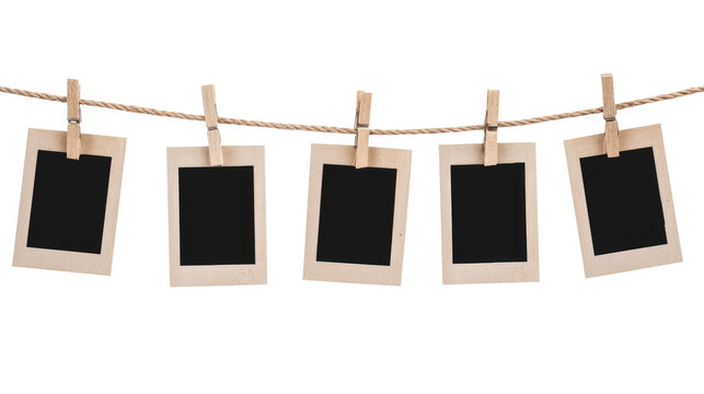 blank photo frames on rope isolated on transparent white background, clipping path