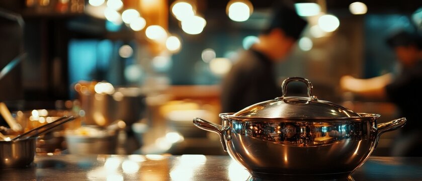 Culinary preparation action modern kitchen cooking scene busy environment close-up view gastronomic experience