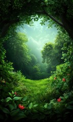 Lush Green Forest Entrance with Sunlight Filtering Through Trees and Vibrant Flora in a Serene Natural Setting