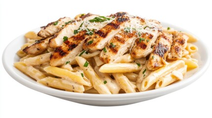 A plate of creamy garlic parmesan chicken pasta with penne, grilled chicken, and a rich parmesan sauce