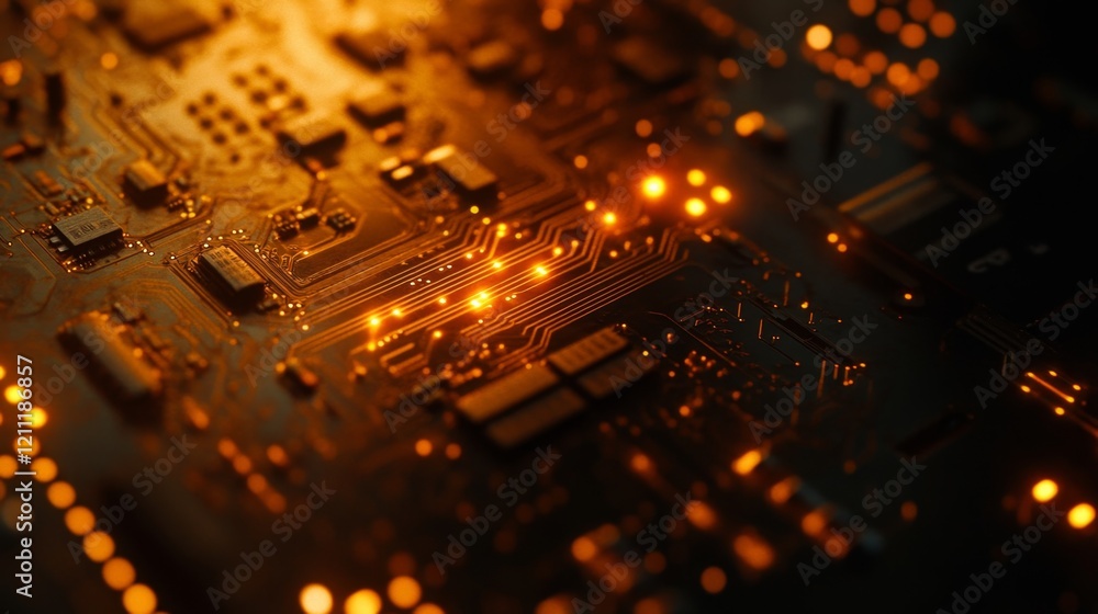 Aufkleber glowing circuit board close-up with golden lights and patterns