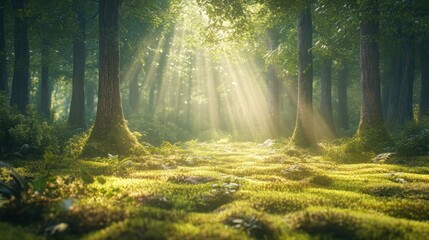 Obraz premium Sunbeams Filtering Through a Mystical Forest