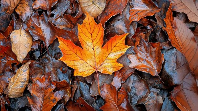 A vibrant orange leaf among dark, wet autumn leaves on the ground.
