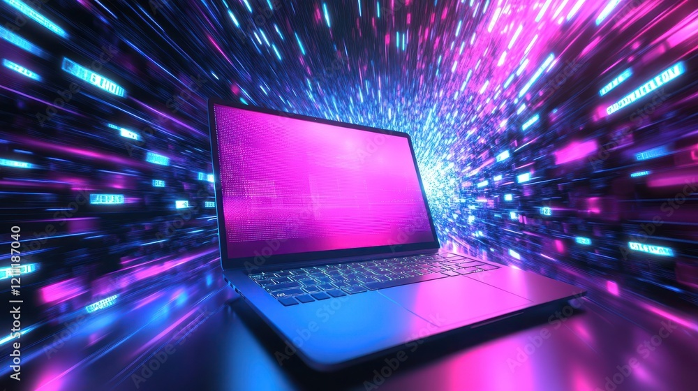 Poster cyberpunk laptop in a neon data stream